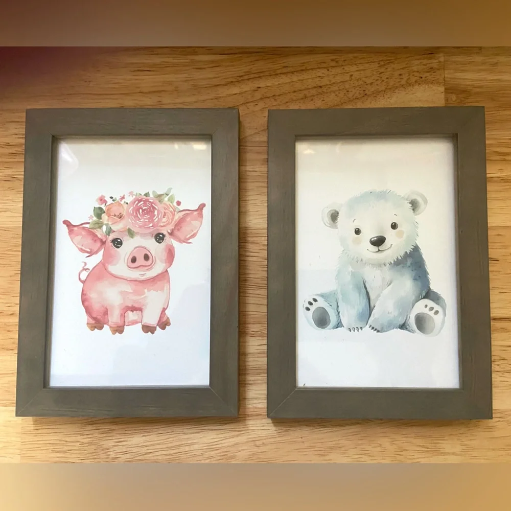 2 Baby Animals 4x6 Framed Art Pictures
